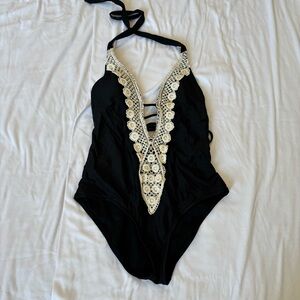 Black and cream embroidered swimsuit